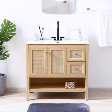 Jasper Rattan Modern Coastal 2-Shelf Bath Vanity Cabinet Only (Sink Basin Not Included)